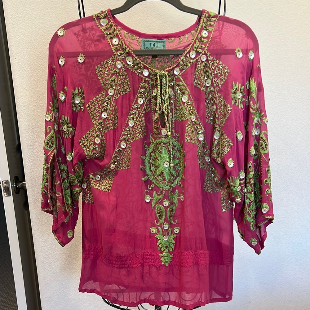 Taj by Sabrina CrippaFuchsia Sheer Tunic with Green Embroidery &  Accents